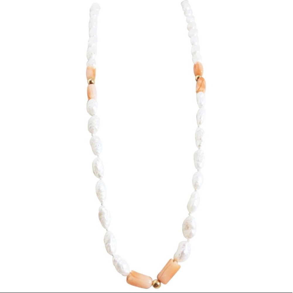 Pearl and coral 14k bead handknotted necklace